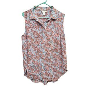 H&M Womens Size 12 Blouse Orange Floral Print Button Front Curved Hem Sleeveless